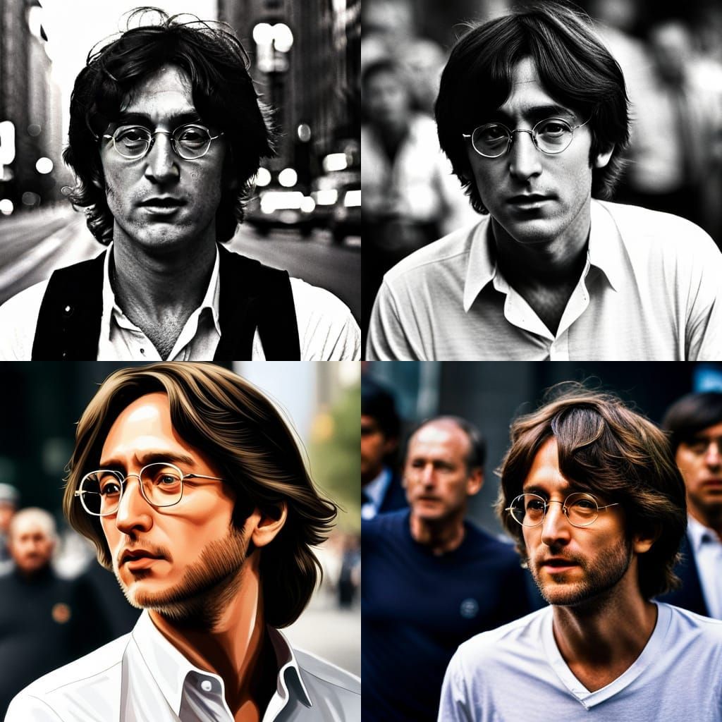 a young John Lennon in 2023 wearing a white NY shirt, street...