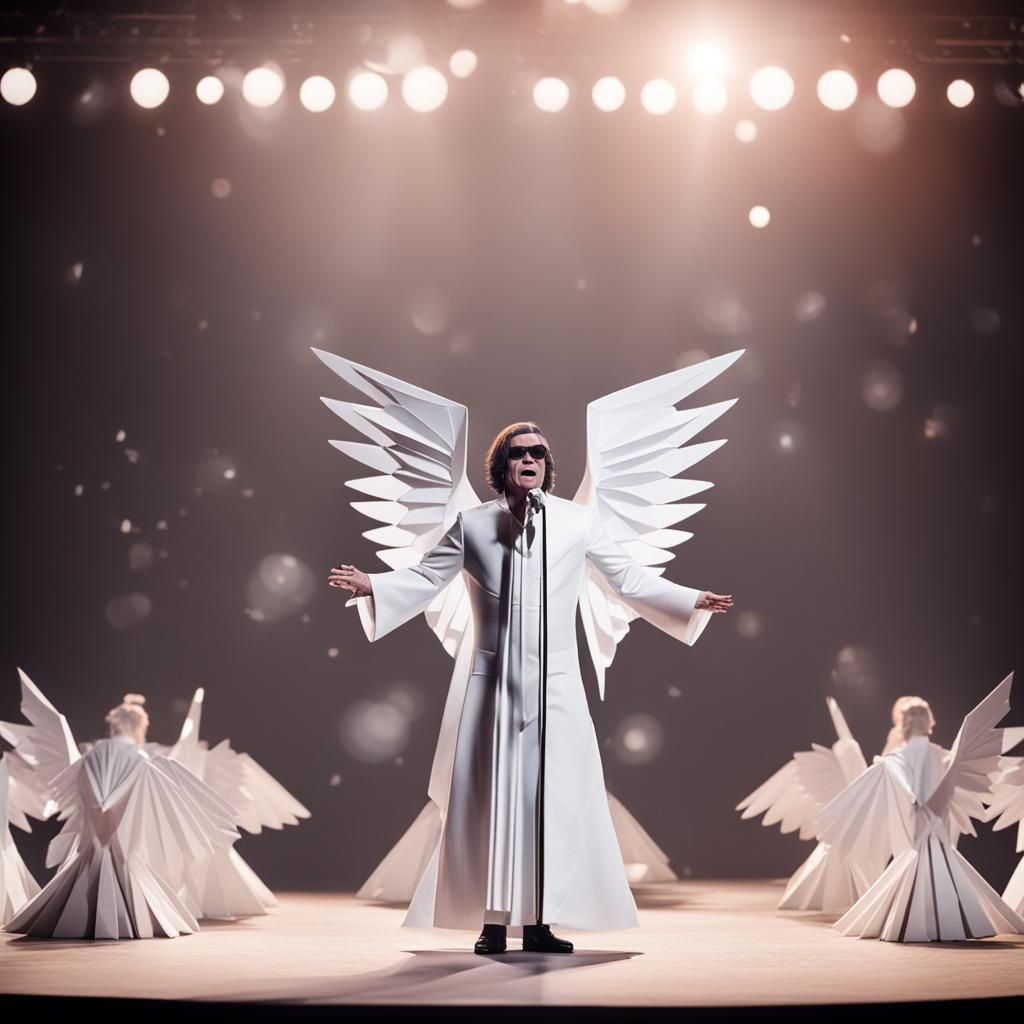 Ozzie Osbourne in an angel outfit with wings singing on stage - AI ...