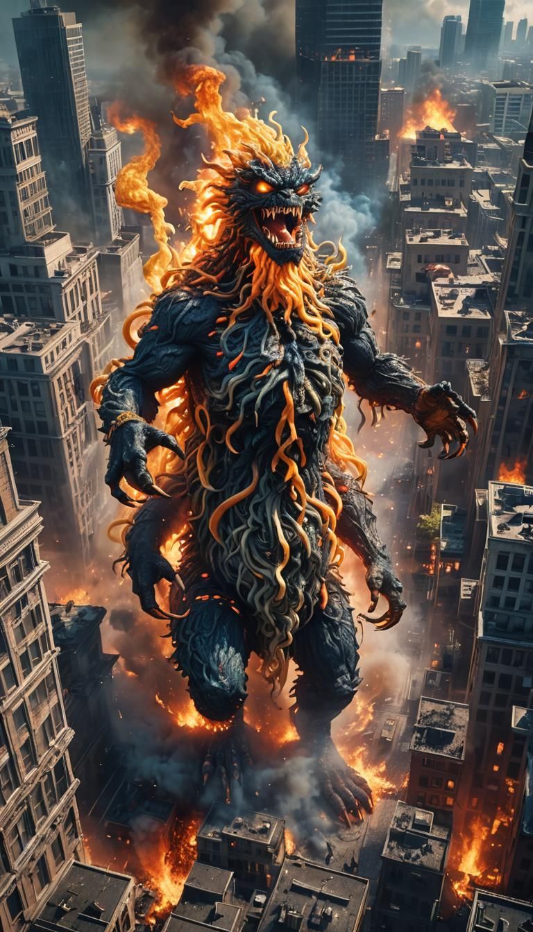 Noodle Monster Rampage in Burning Cityscape