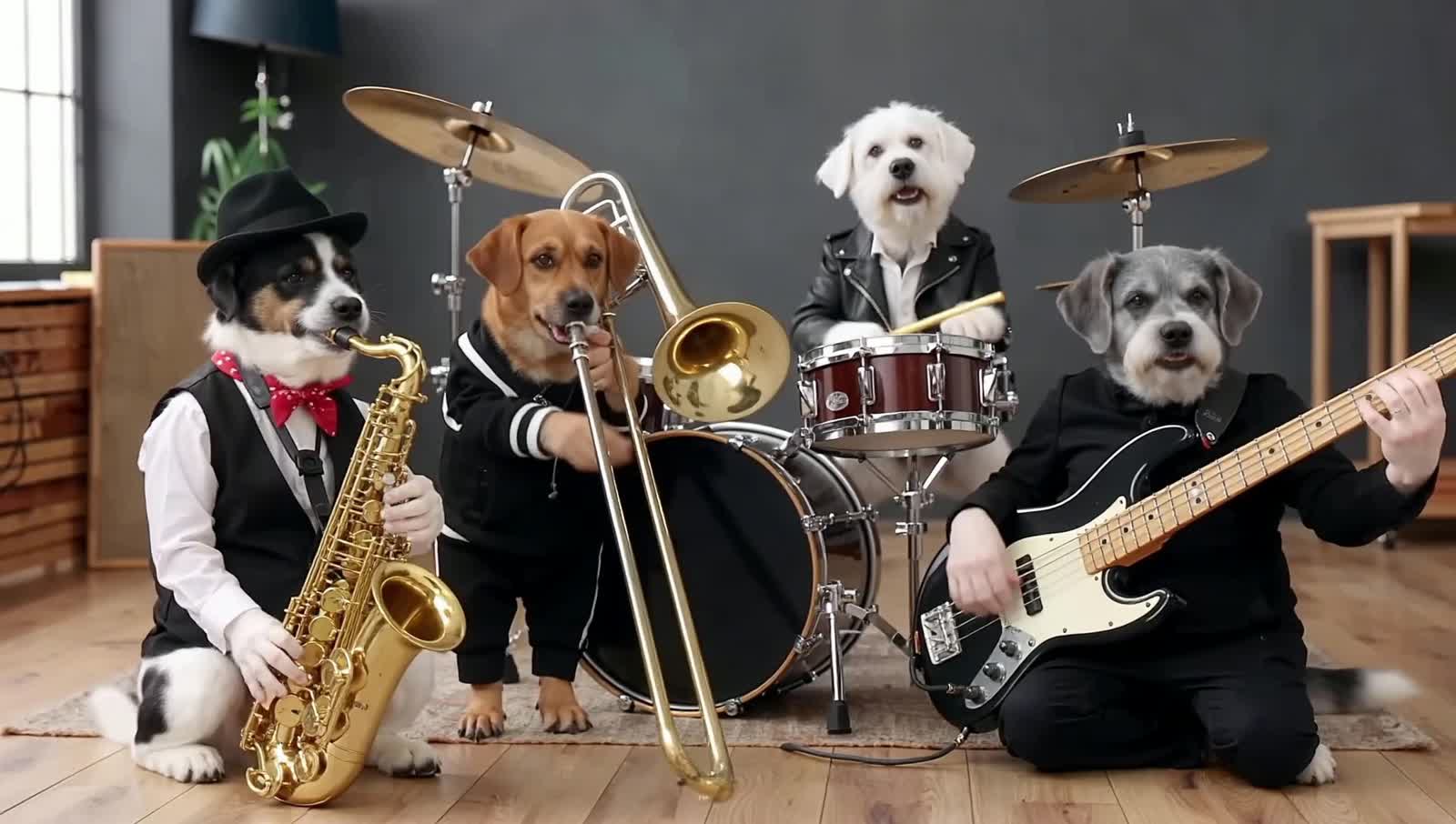 four dogs playing jazz instruments
