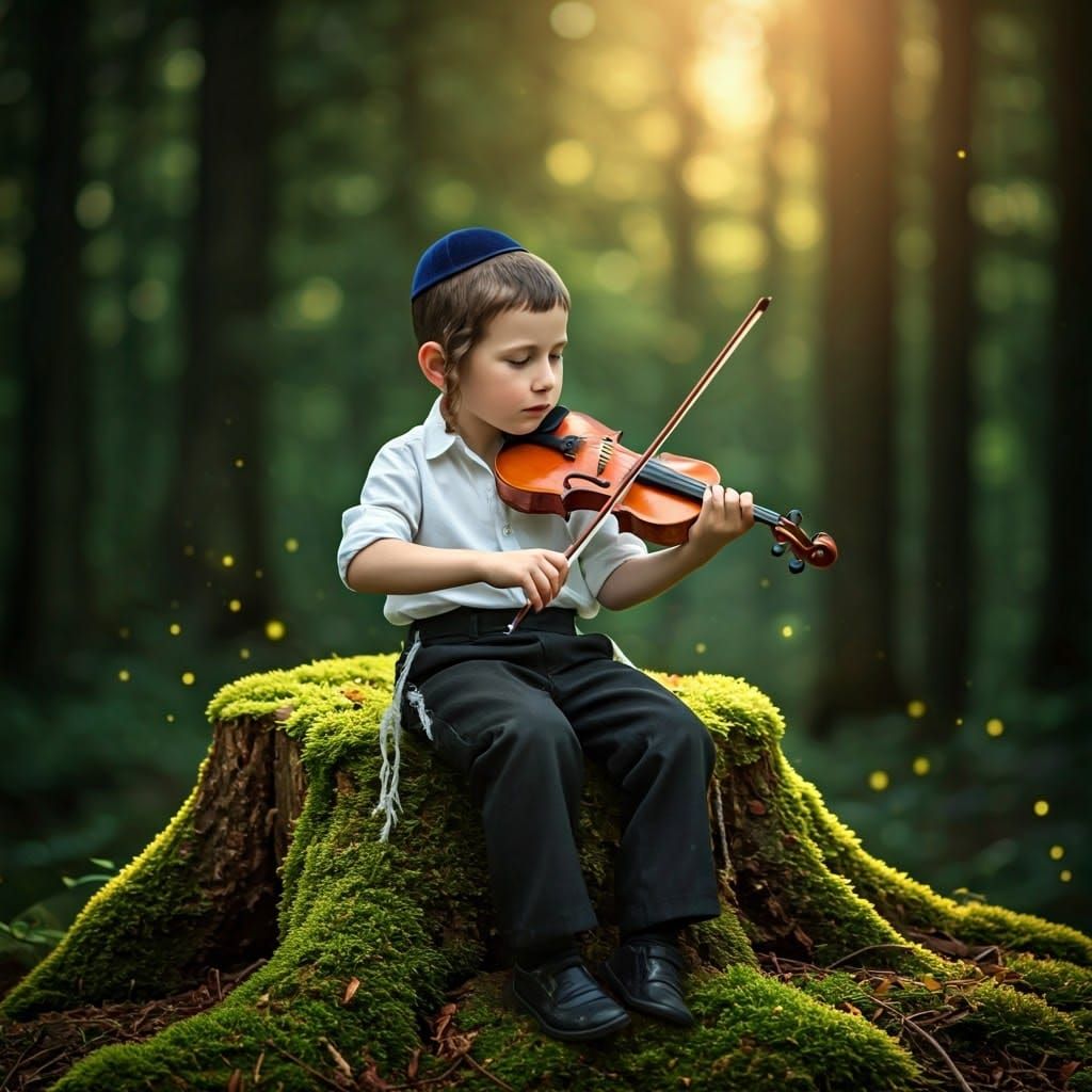 Whimsical Hasidic Boy Plays Violin in Enchanted Forest