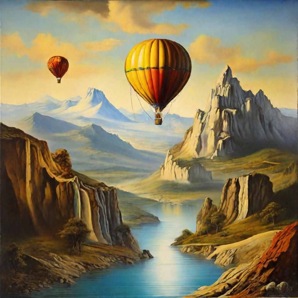 "Hot Air Balloons Over a Mountain River"