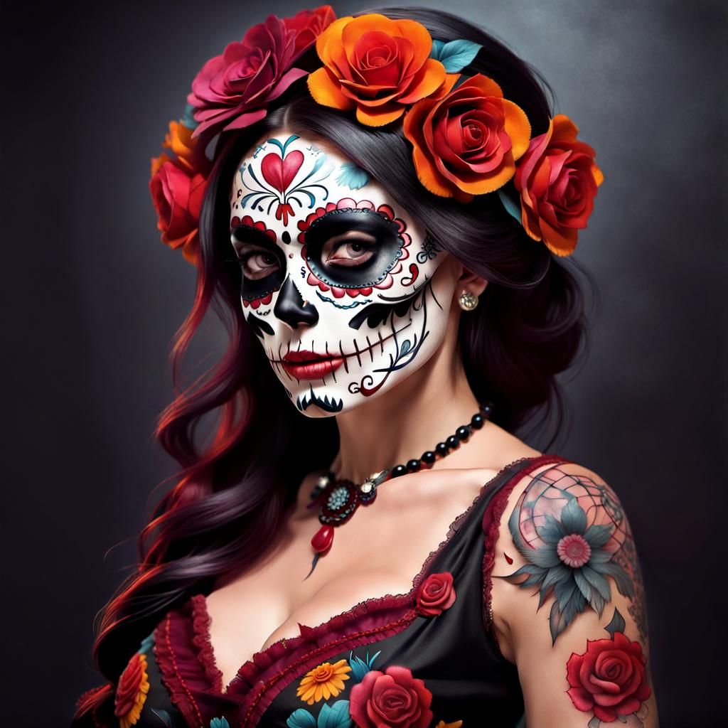 Picture a female character, dressed in traditional Day of th...