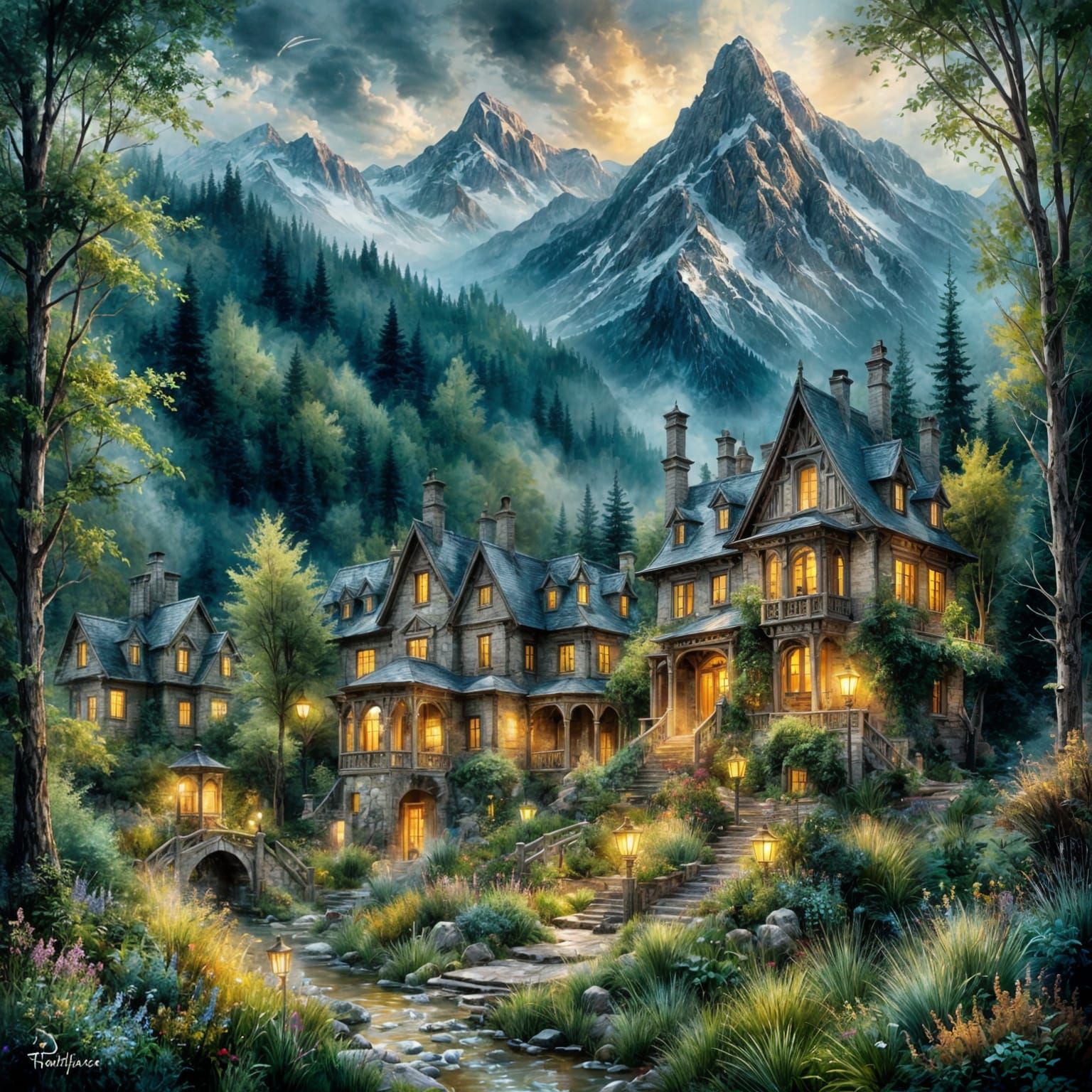 Fantasy Country Houses With Glowing Mountains