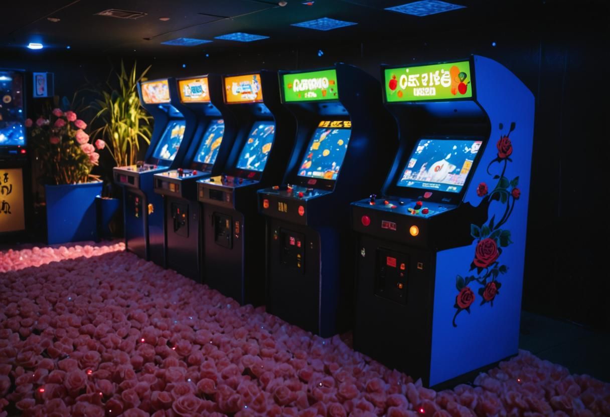 An empty dark, blue, Japanese arcade with fake grass floor, ...