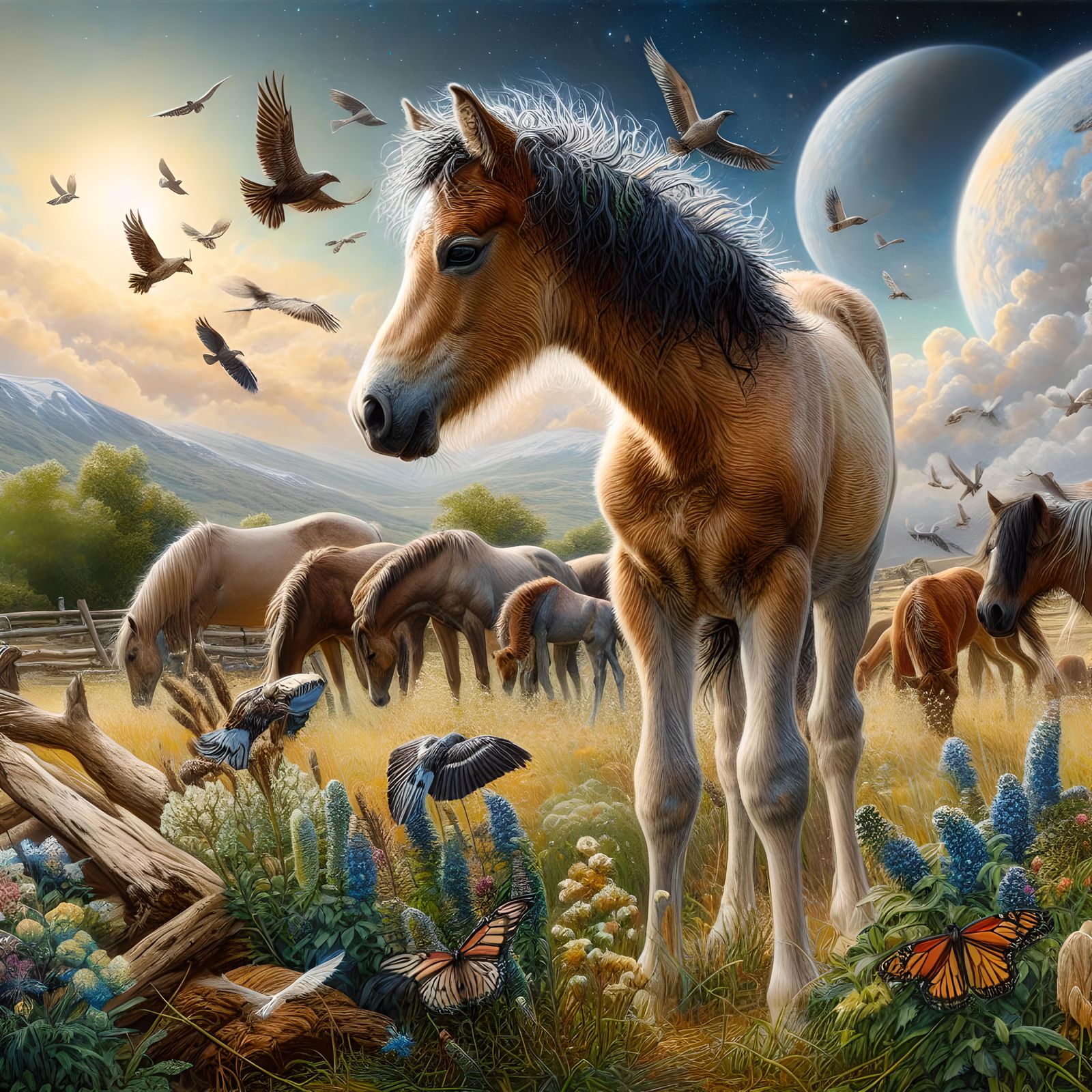 une scène complexe de poulain mustang