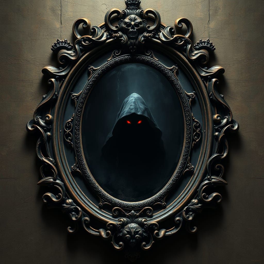 A Cursed Mirror with a shadow person inside