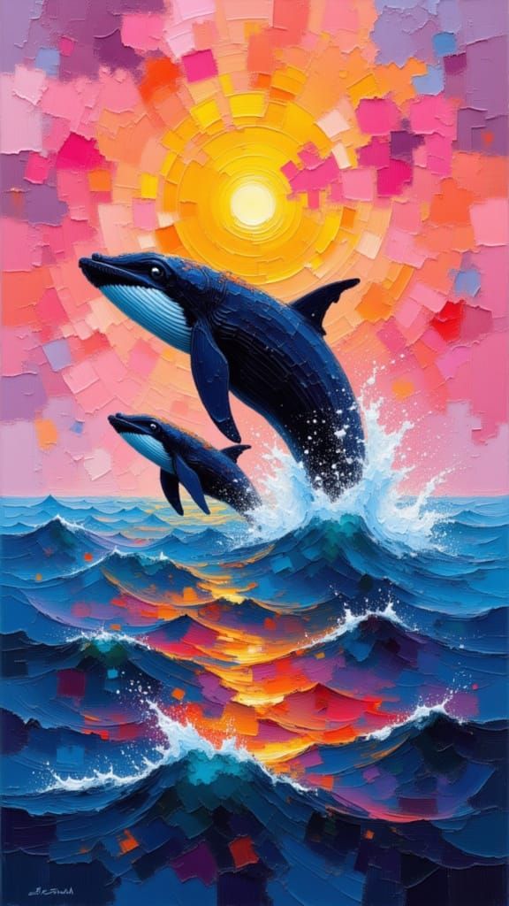 Whales Breaching at Sunset as Impasto Painting