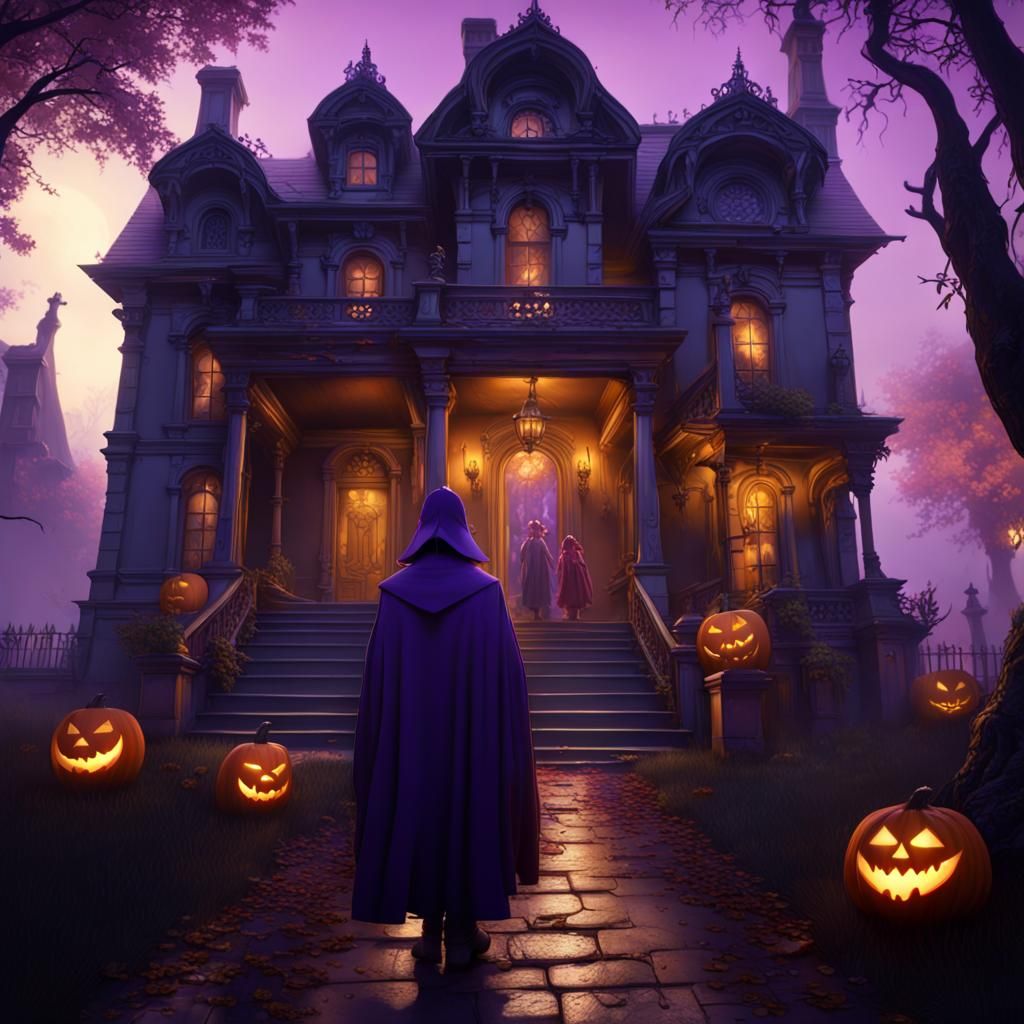 trick or treaters visiting a haunted mansion 