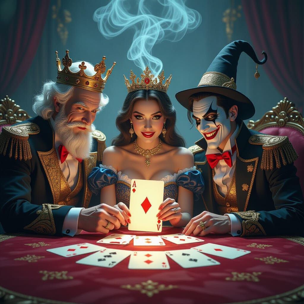A surreal artistic portrait featuring the humanized faces of playing cards — King, Queen, Jack, Ace, ...  by @Sheetal