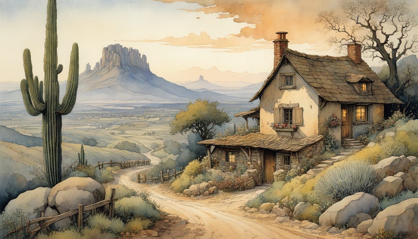 Arizona Night Scene in Whimsical Storybook Illustration