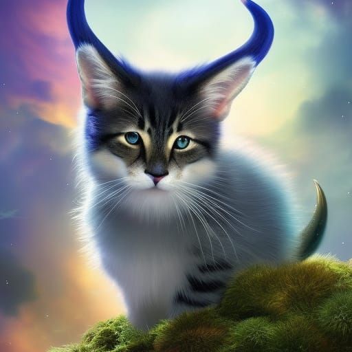 Horned  mythicial fantasy cat hybrid, furry, fluffy, beautif...