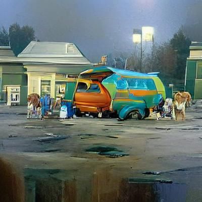 Scooby Doo stands by the mystery machines in a gas station p...