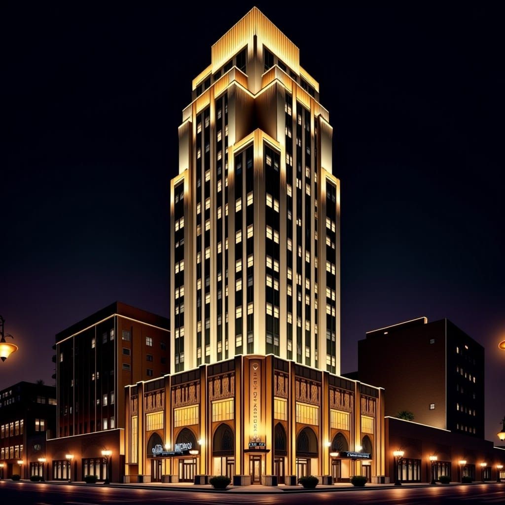  <lora:Art Deco Flux:1.0> art deco style skyscraper, dynamic lighting 