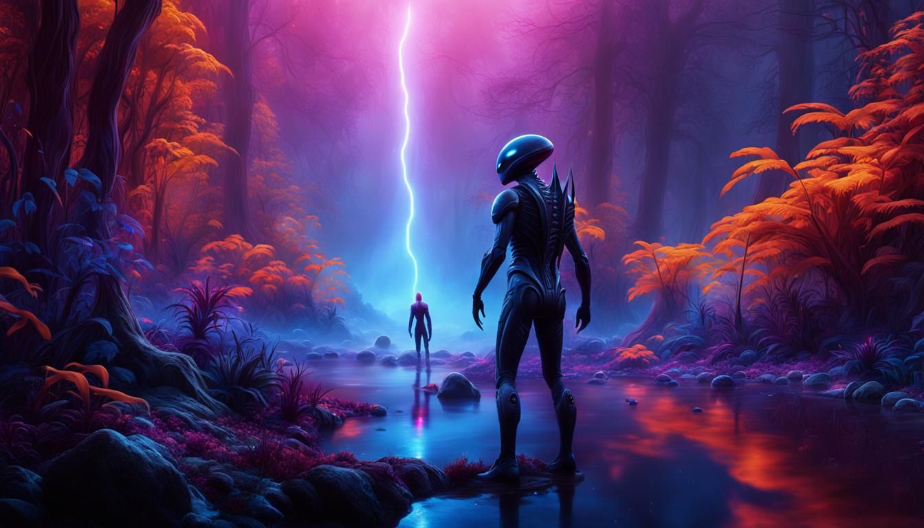 alien forest with maroon and blue and purple flora, an orange stream, intricate details, HDR, beautifully shot, hyperrealistic, sharp focus,...