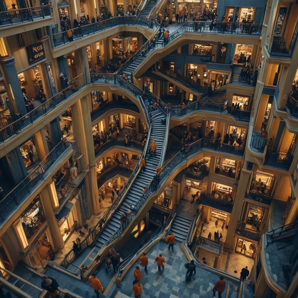 An indoor mall with many stairs.