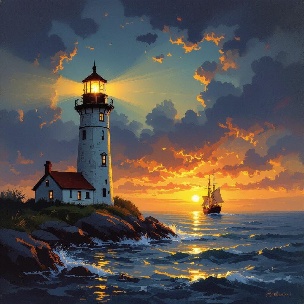 Lighthouse Shining Brightly at Night in Romantic Style