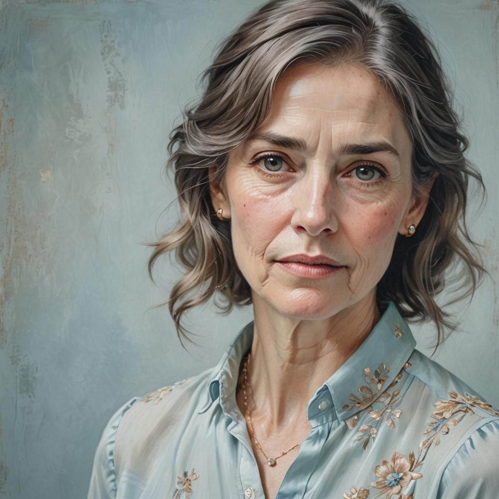 Woman with gentle-soft features, adorned with soft muted col...