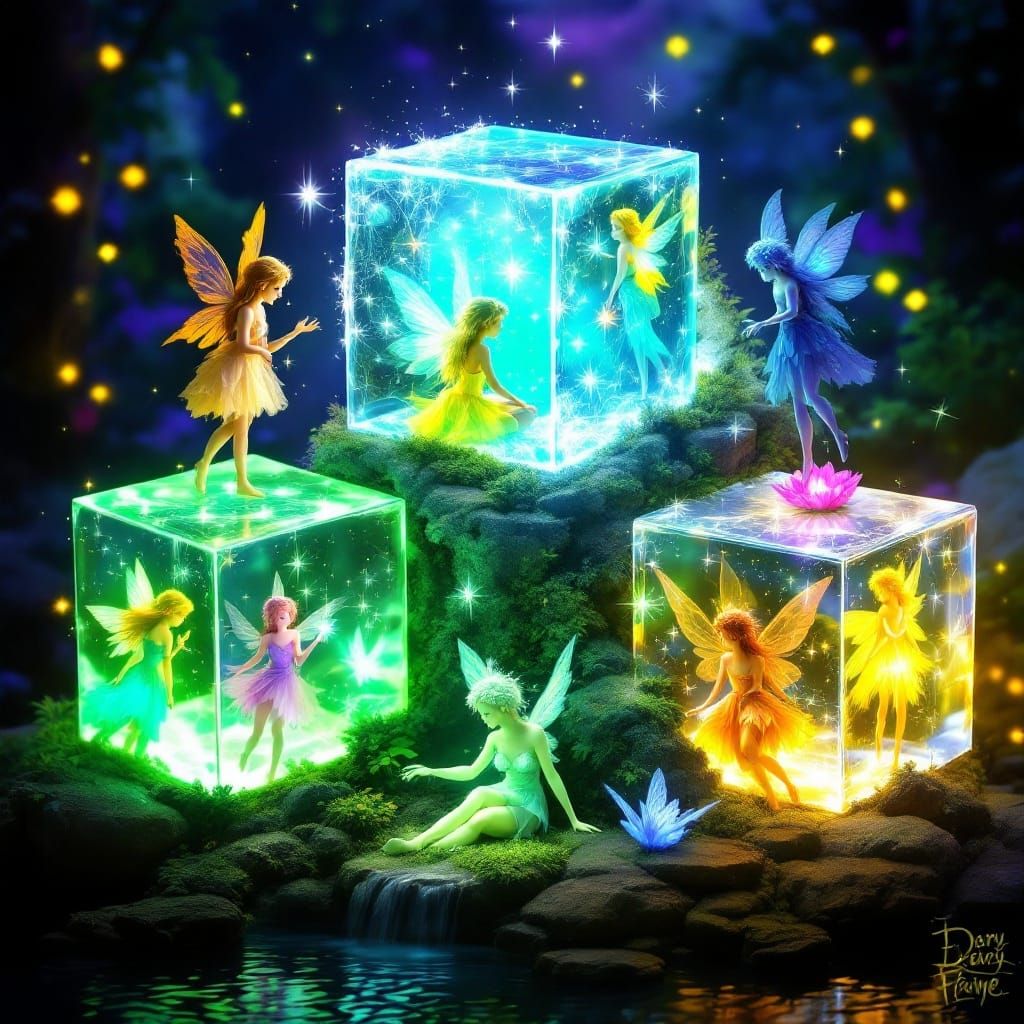Glowing Hyper-Dimensional Cubes in Magical Fantasy Fairyscap...