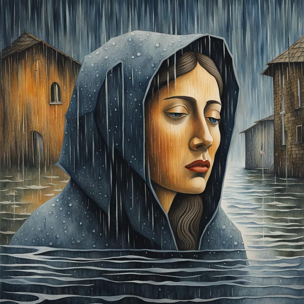 Woman crying in the rain, water, flood, remedios varo, water...