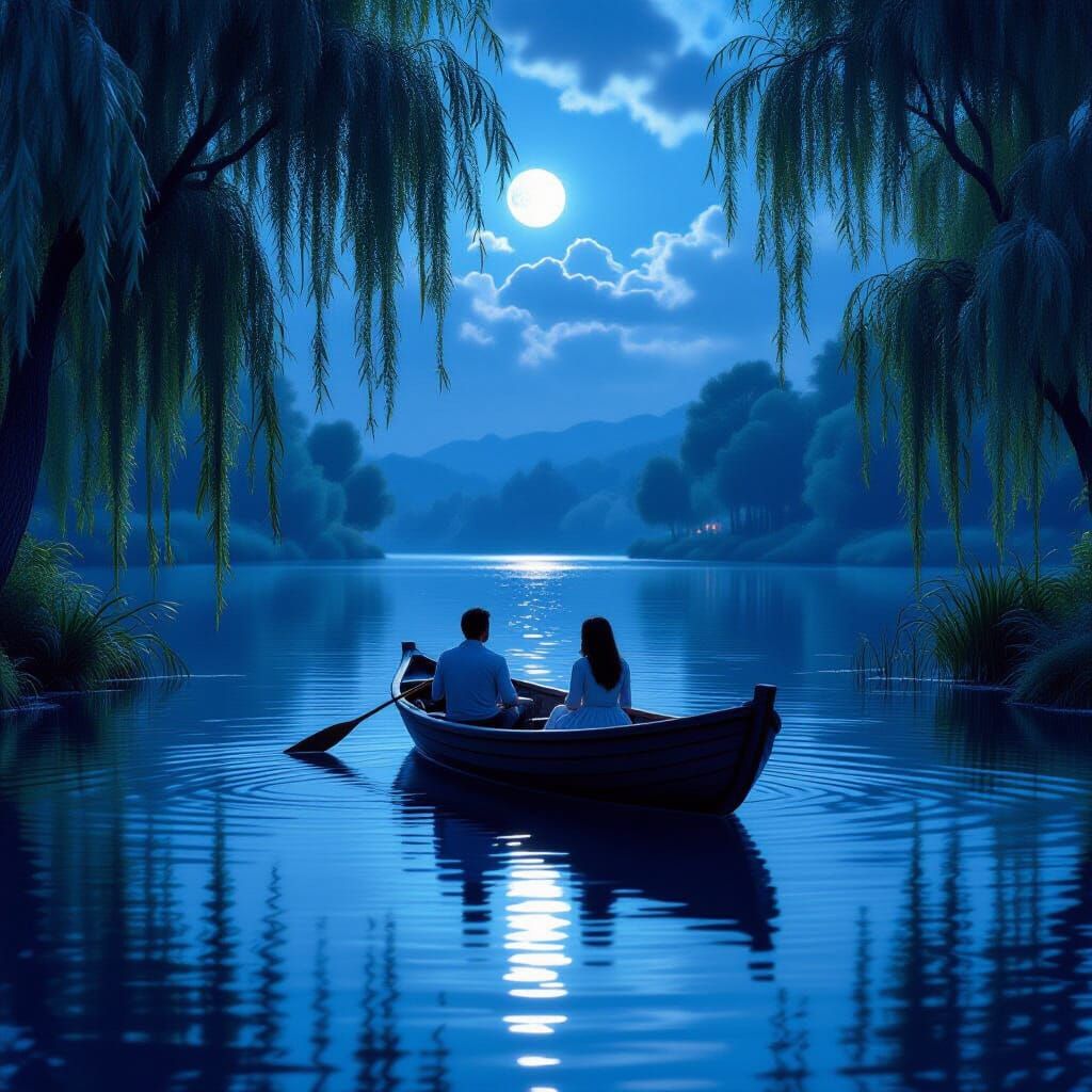 A quiet lake with beautiful willows above the water and a man and a woman in a boat, summer, evening, moon