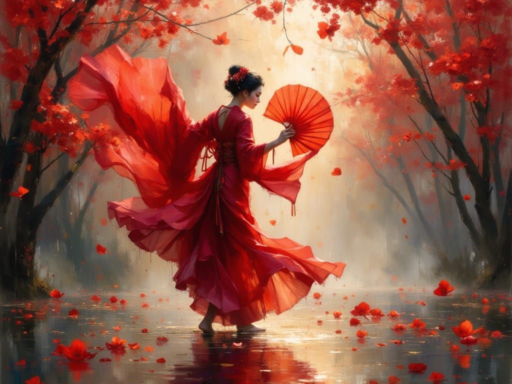 Geisha Dances on Lake Amid Cherry Blossoms