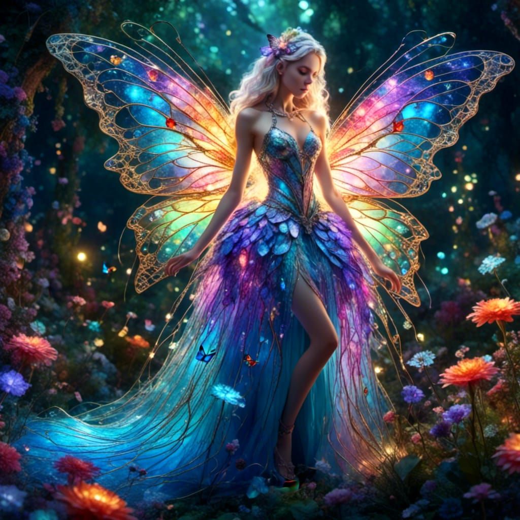 Fairy with Butterfly Wings in Rainbow Dress