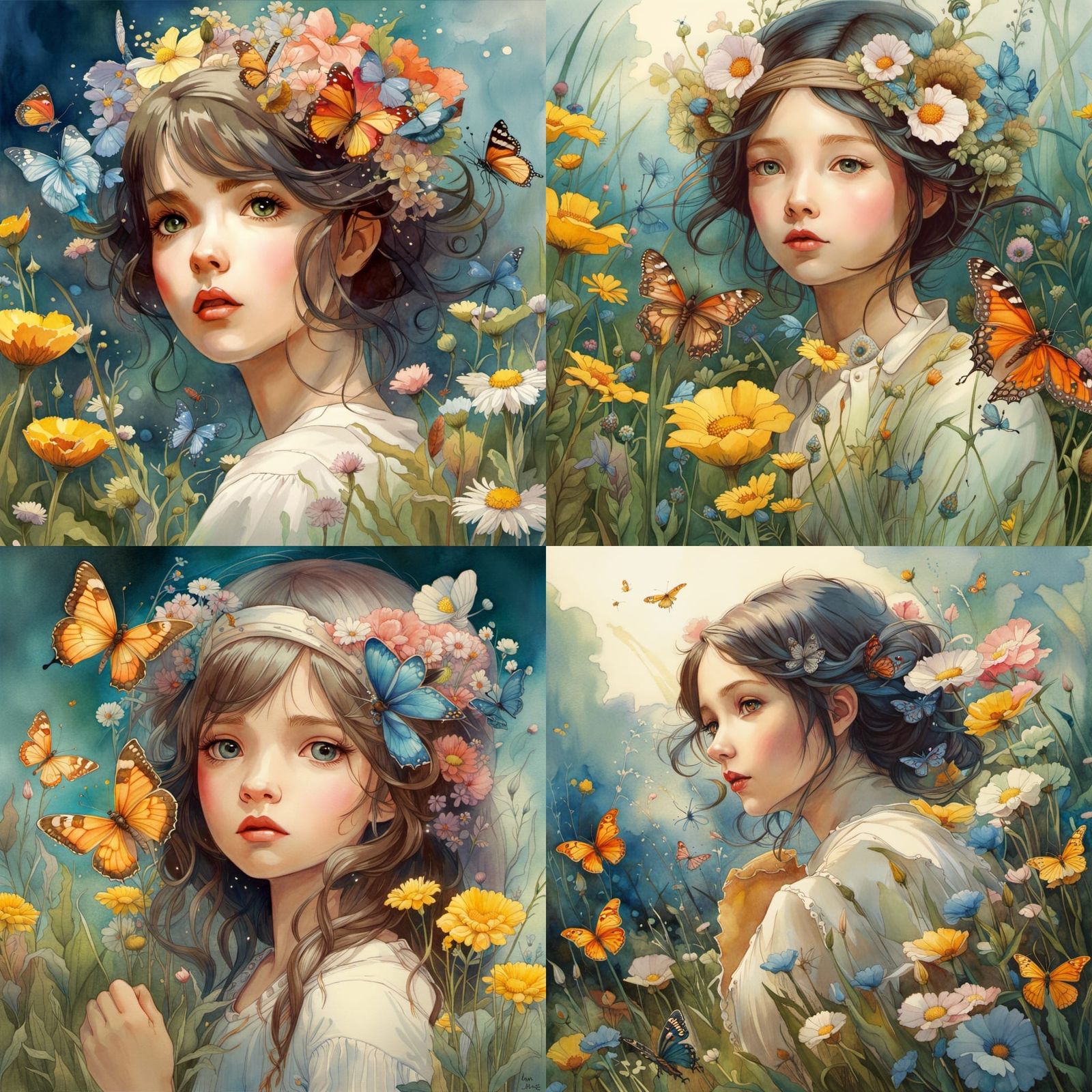 Beautiful girl in a flower meadow: watercolor, Jean_Baptiste...