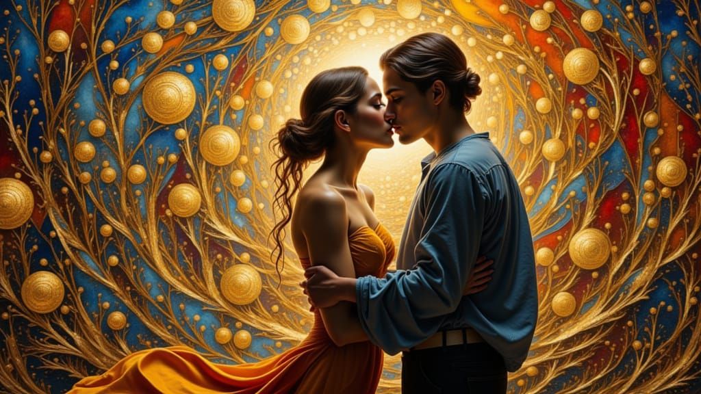 Baroque Kissing Couple in Gallery, Bold Eye Contact