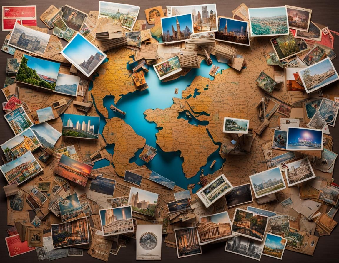 A large chipboard with various postcards from all around the world.   by @Carol