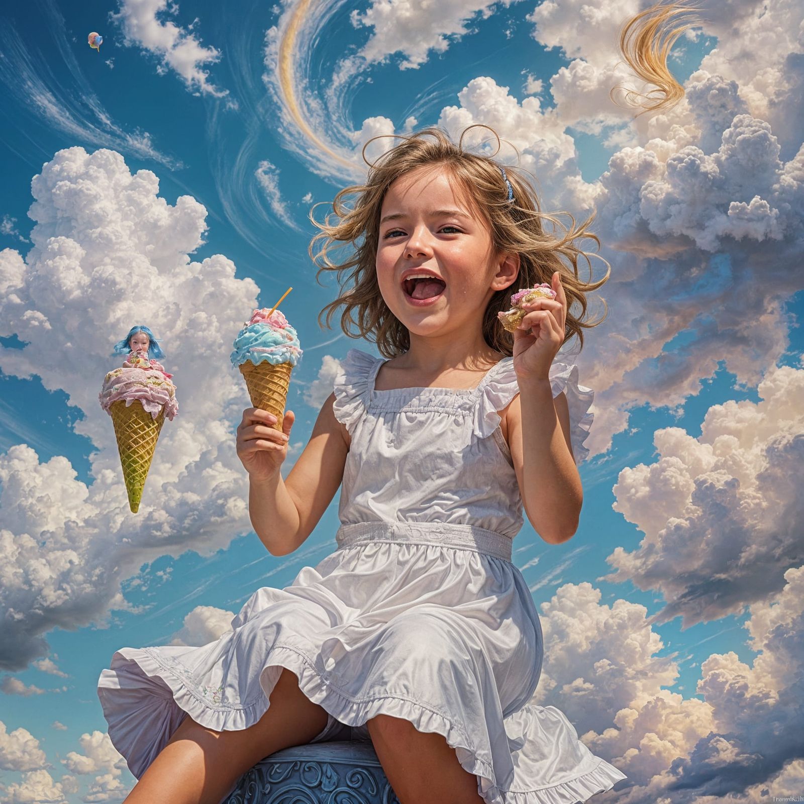 little girl eats an ice cream sitting on the clouds of a blu...
