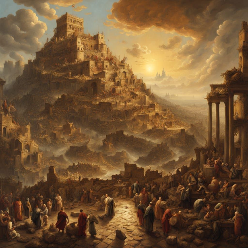 A massive ancient city buzzing with activity as thousands of workers construct the legendary Tower of Babel, an enormous spiraling structure...