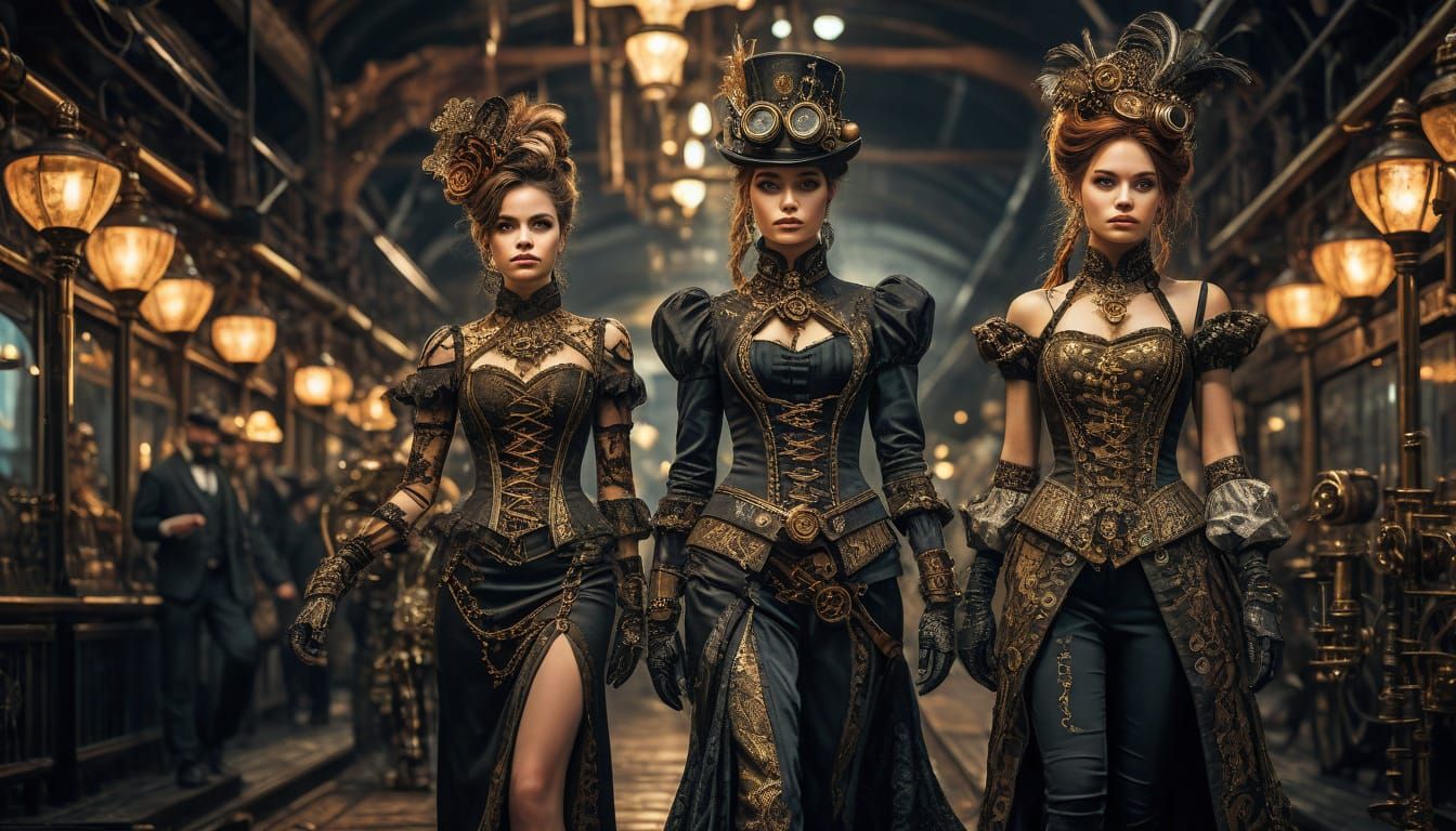 A futuristic Victorian-era fashion show set on a catwalk made of brass cogs and copper pipes, with beautiful ...  by @Frank