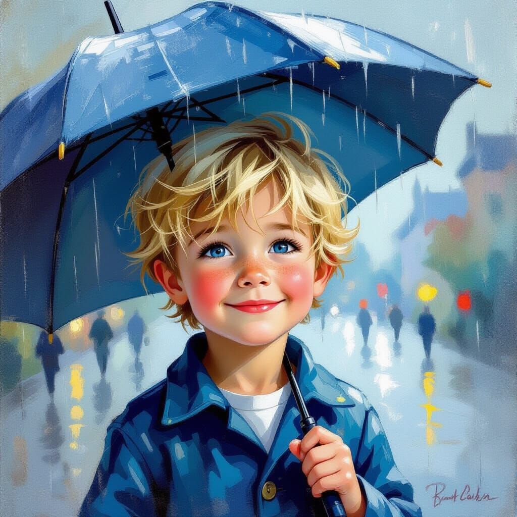 Happy Boy With Umbrella in Rain - Impressionistic Oil Painti...