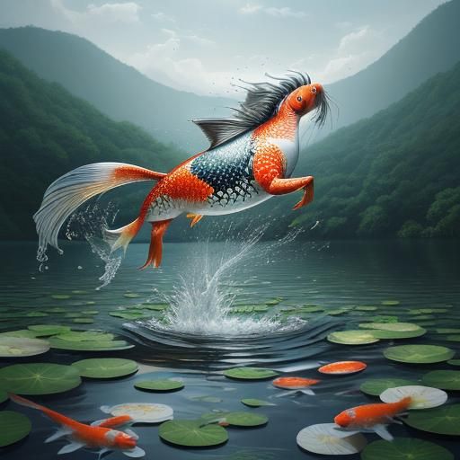 A hyper realistic digital artwork. Showing a koi carp leapin...