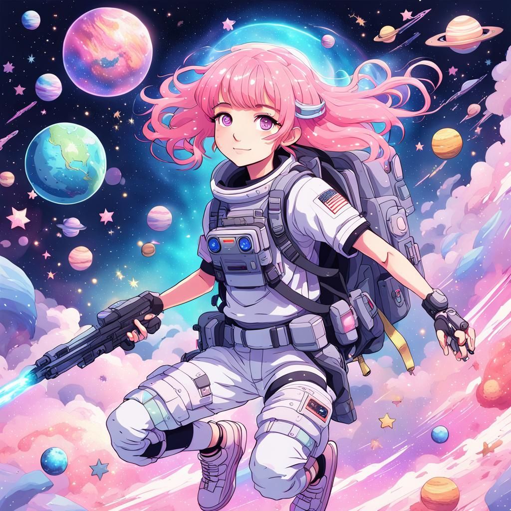 Pastel Anime Girl in Space with Manga Flair
