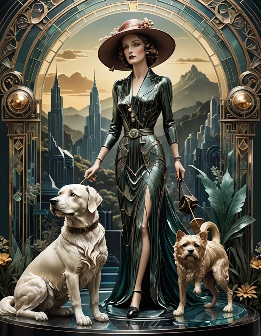 an Art deco glass sculpture of a lady  and a dog, elegant 1930's feel Epic cinematic brilliant stunning ...  by @Gina Morley