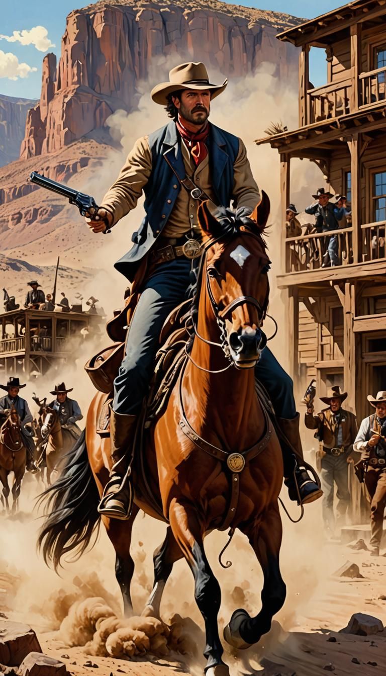 Rugged outlaws on horseback in gun shot action  by @Alan