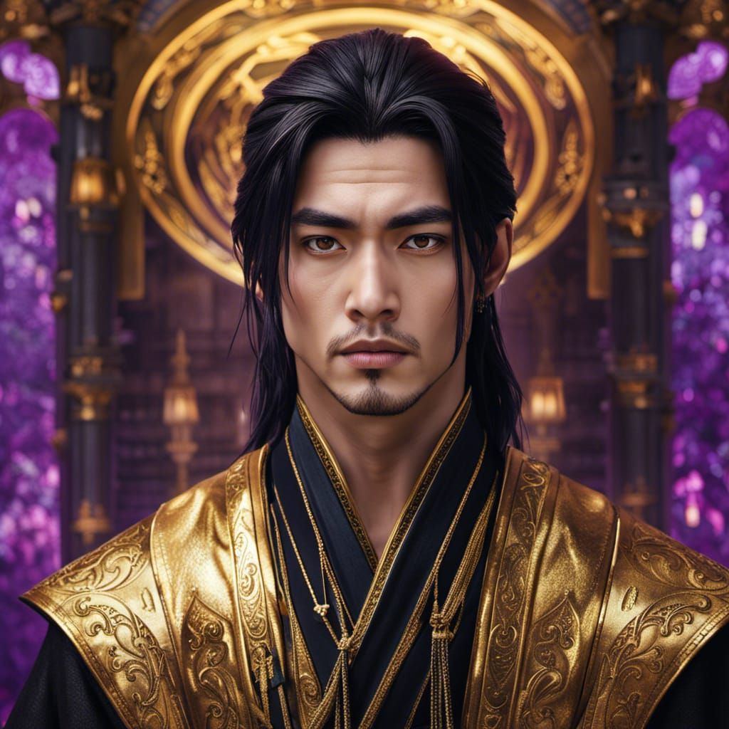 portrait smirking effeminate Japanese man, violet eyes, stra...
