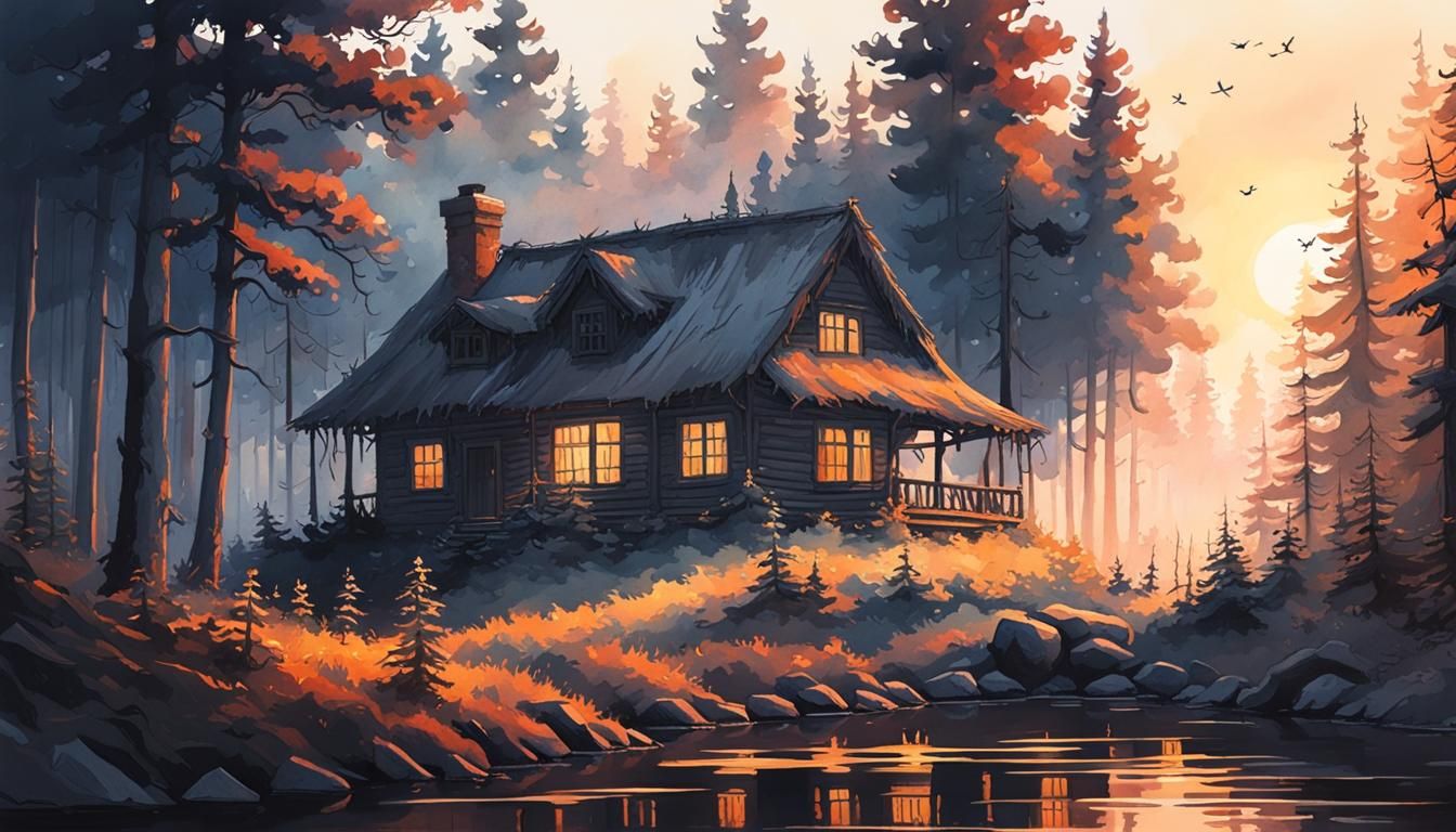Sunrise Cottage: A Watercolor Forest Painting