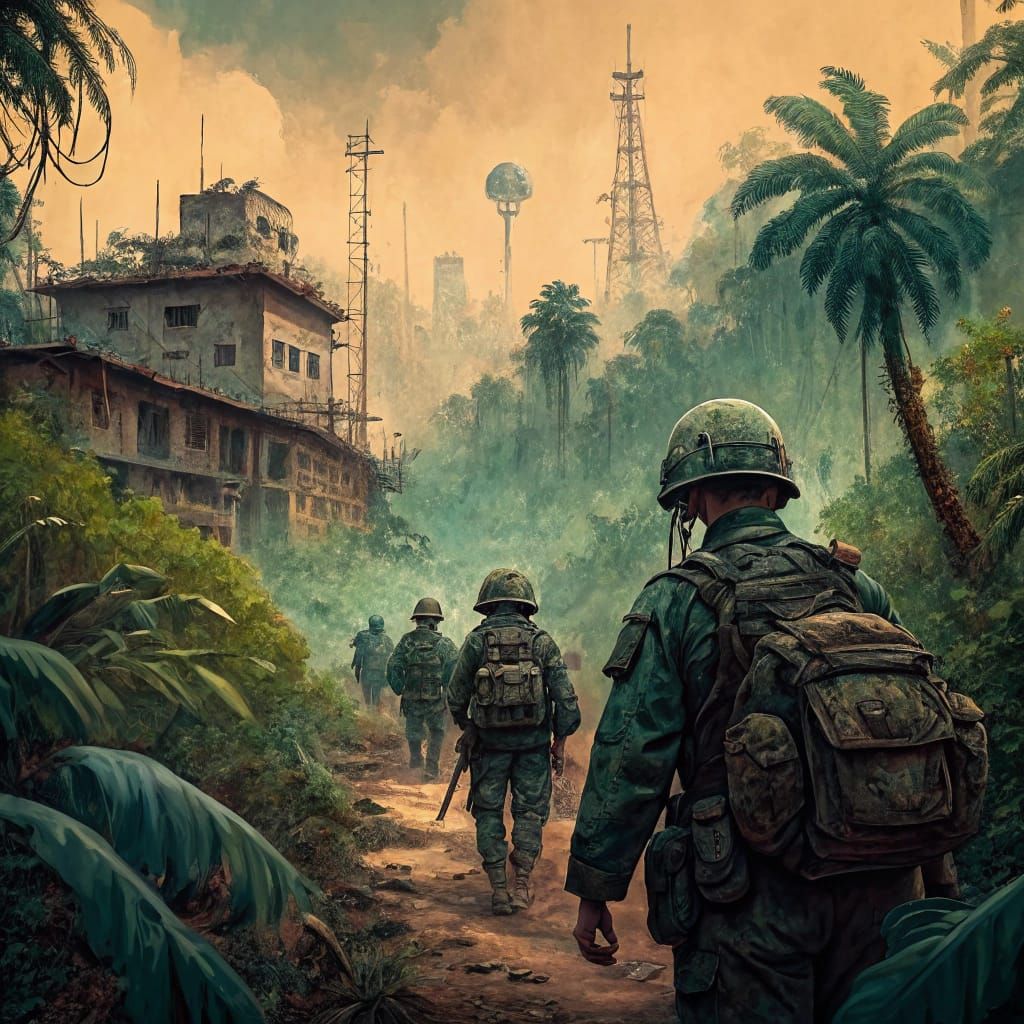 A US MACV-SOG team of soldiers in 1968 emerges from the jungle to find civilization gone oil art dystopian 1970s art magazine cover style 