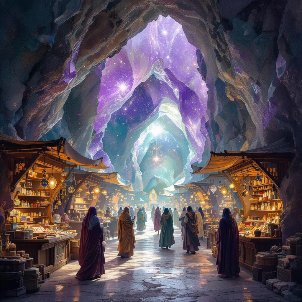 Imagine a bustling marketplace within a colossal amethyst geode, its crystalline walls shimmering with otherworldly light. Vendors hawk exot...