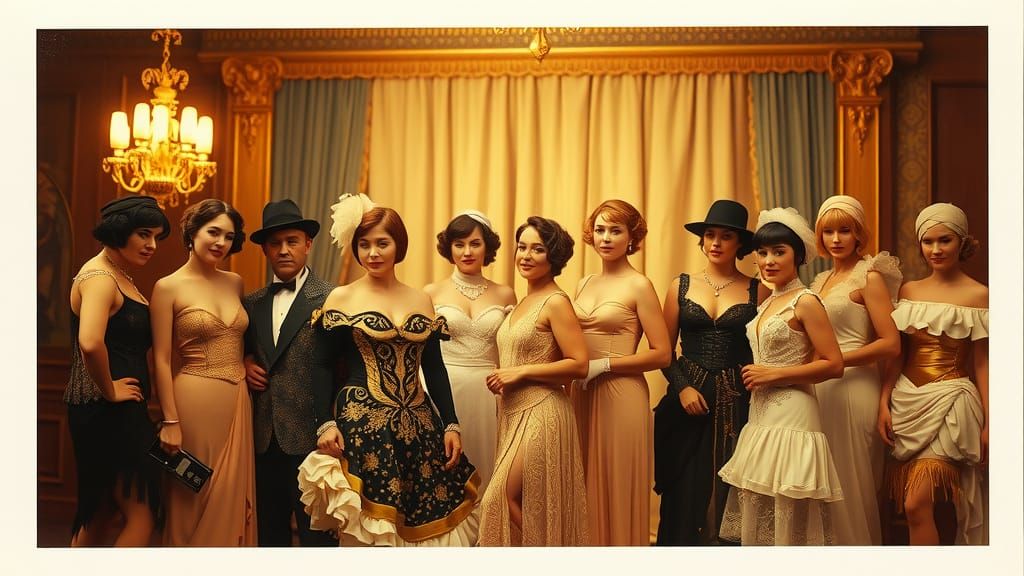 (Vintage instant photography:1.3) group photo of cabaret dancers and actors in 1912, Berlin, Germany, performers in period attire with flamb...