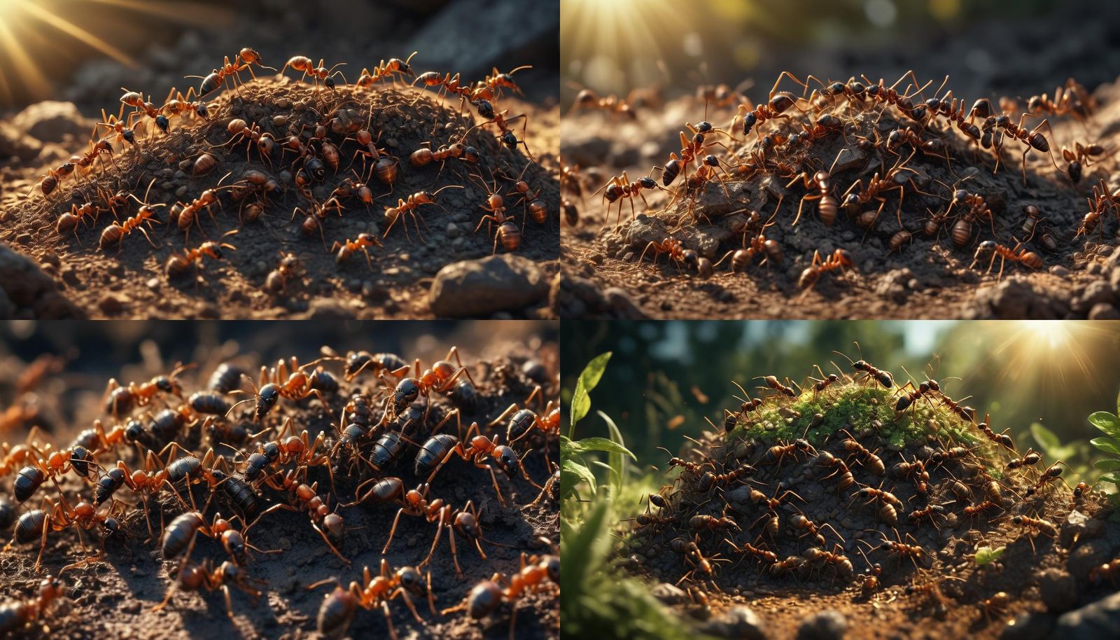 a swarm of ants working near the anthill