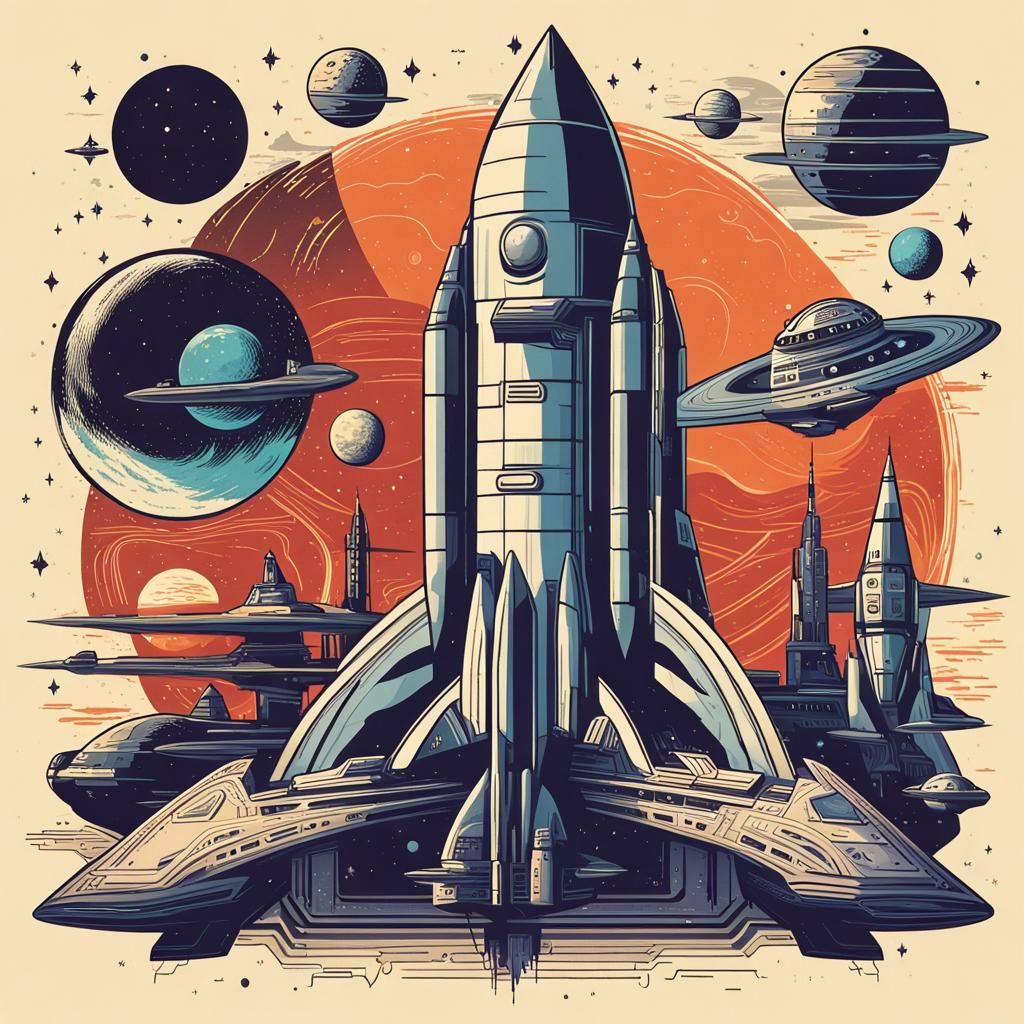 Retrofuturistic, cosmic, rocketship