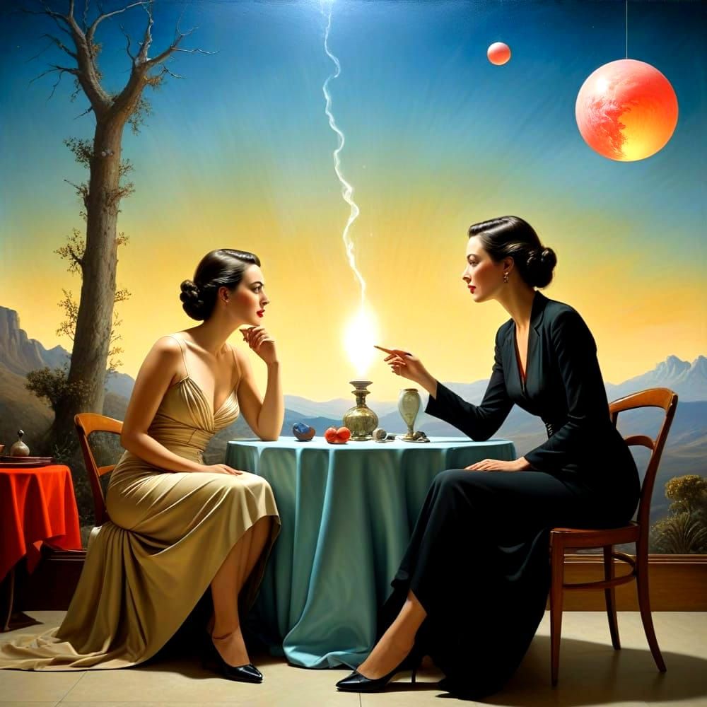 Charismatic Ladies in Intense Discussion: A Surreal Portrait
