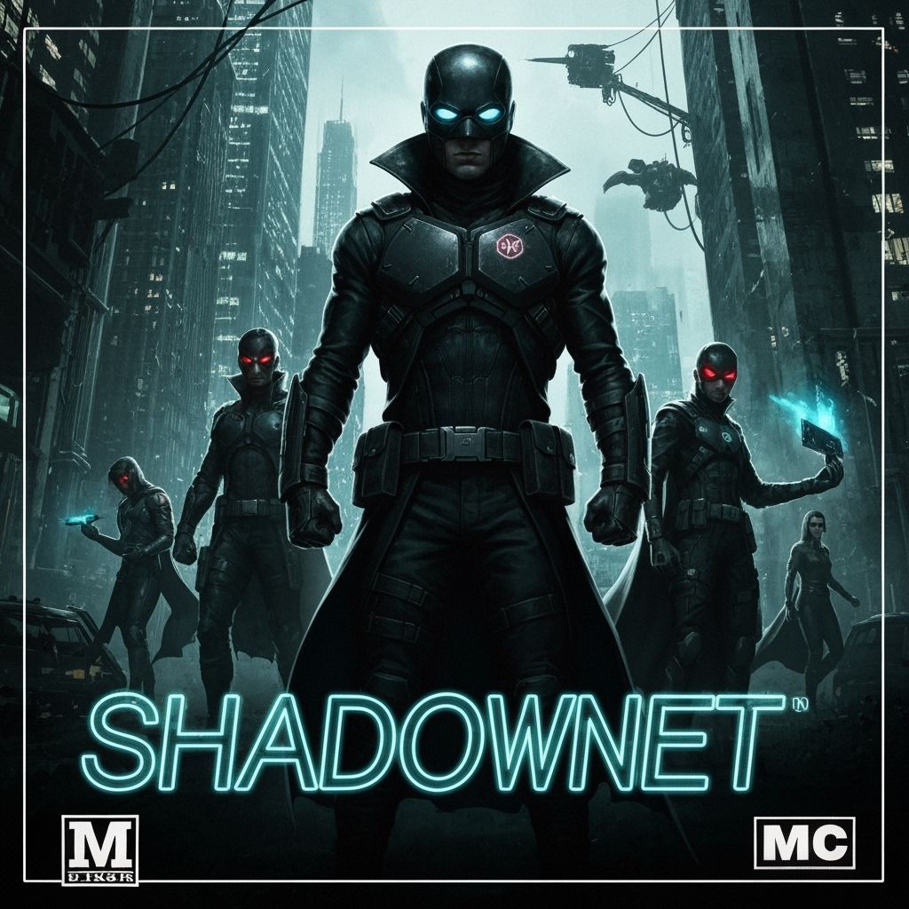 Video Game cover for a game about hackers, superheroes and dark times. Include the game title and the ...  by @SQHacker