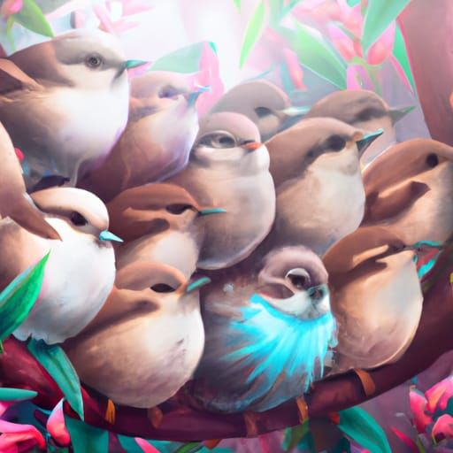 Many cute, fluffy, textured, song birds perched in a dogwood...
