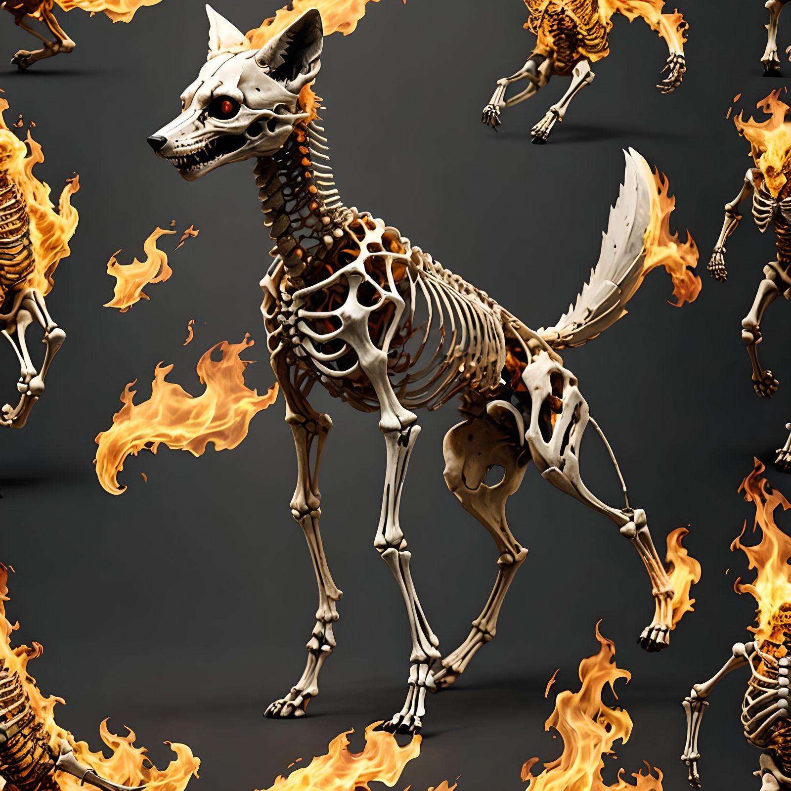 fox skeleton, on fire, epic, unique, realistic