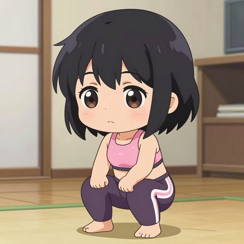 Chibi Anime Woman Doing Squats in Sakura Pants